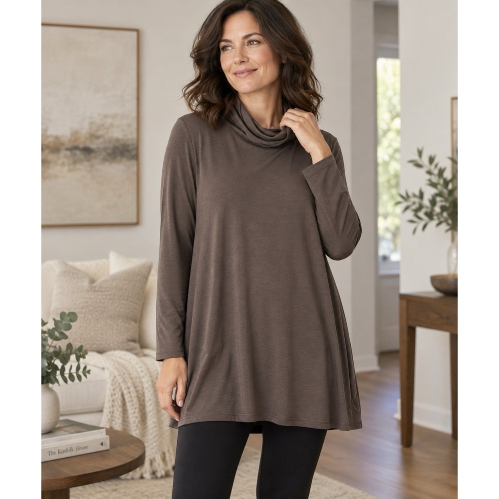Eileen Fisher Size Large Brown Tencel Stretch Jersey Turtleneck Tunic Top